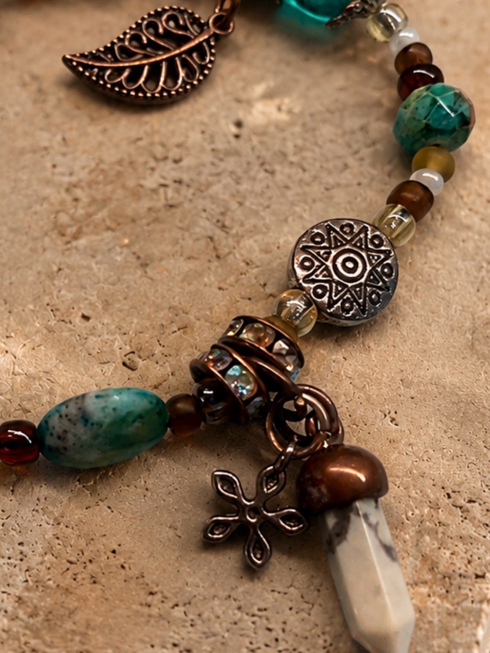 Boho Artisan Mixed Bead Charm Bracelet – Turquoise Glass Stone Copper Tone - Picture 3 of 4